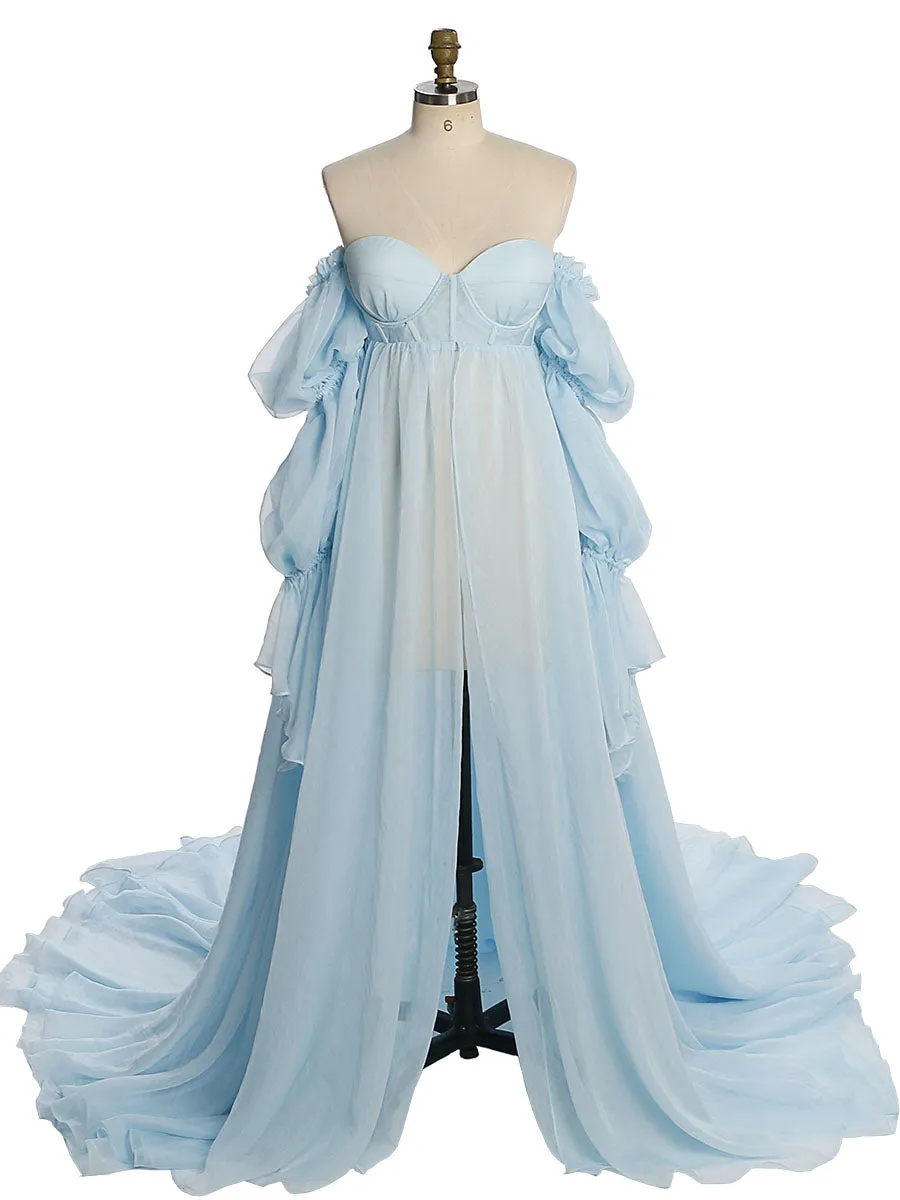 Solid Color Silk Organza Maternity/ Non Maternity Gown for Photoshoot Detachable Sleeves Fancy Photography Photo Shoot Dress Props YW221105