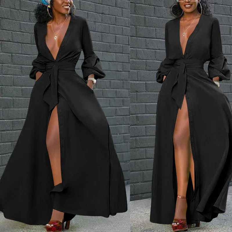 Solid Deep V-Neck High Split Dress