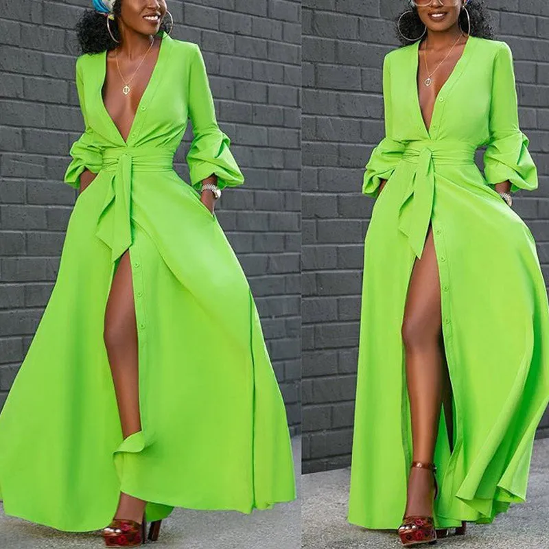 Solid Deep V-Neck High Split Dress