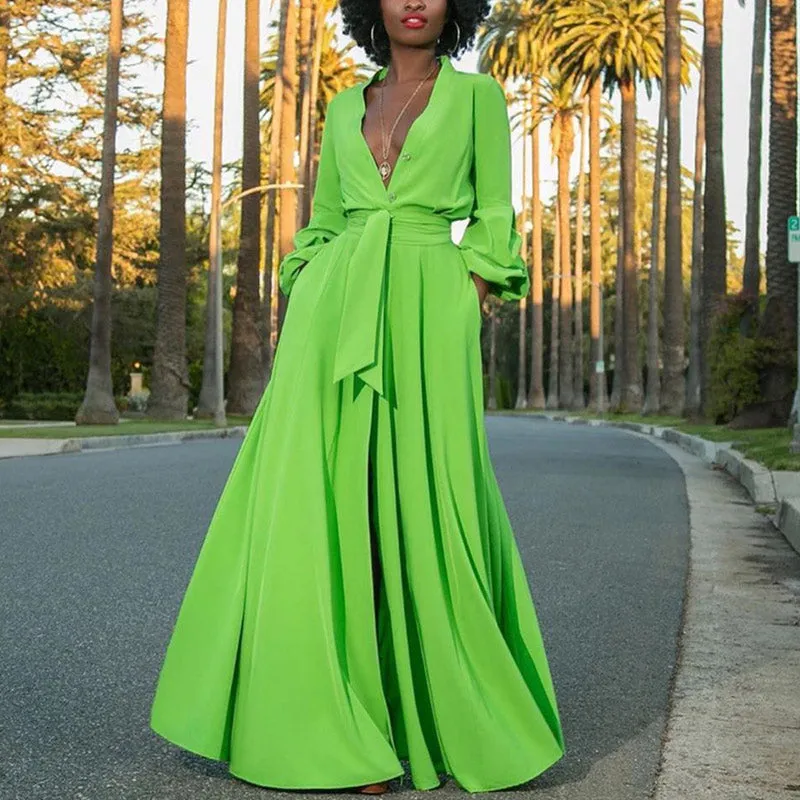 Solid Deep V-Neck High Split Dress