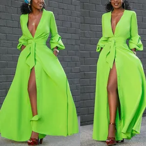 Solid Deep V-Neck High Split Dress