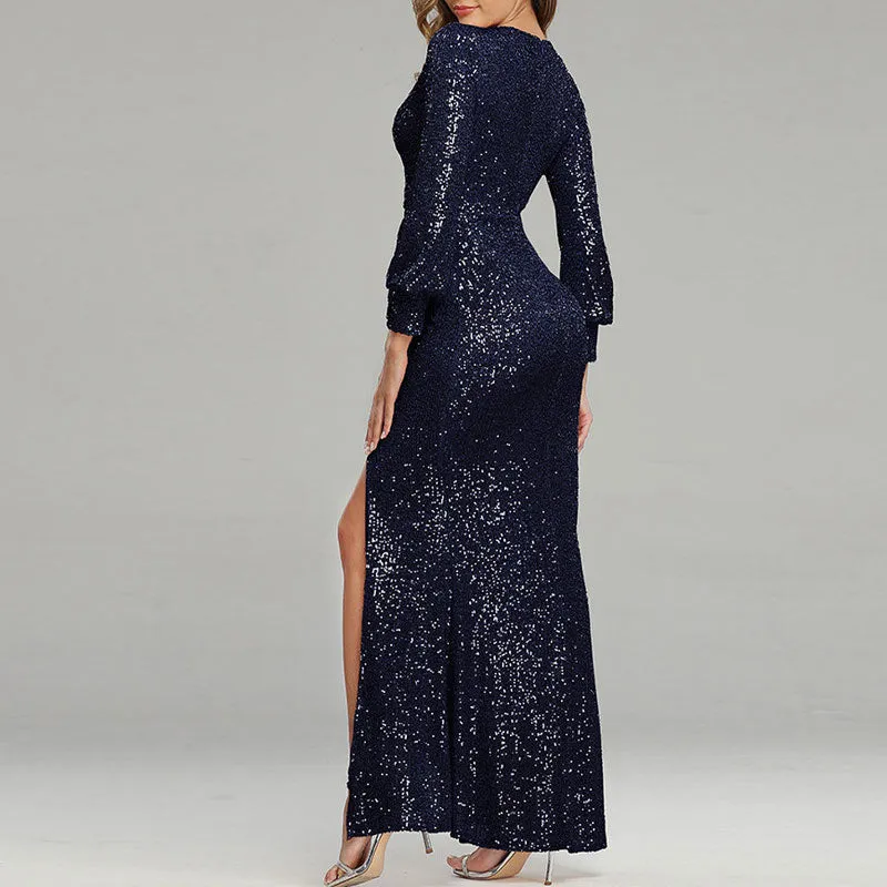 Solid Deep V-Neck Long Sleeve High Slit Evening Dress