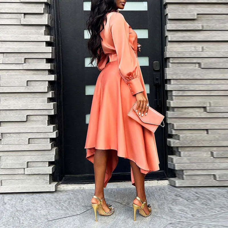 Solid High Neck Long Sleeve Irregular Dress