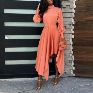 Solid High Neck Long Sleeve Irregular Dress