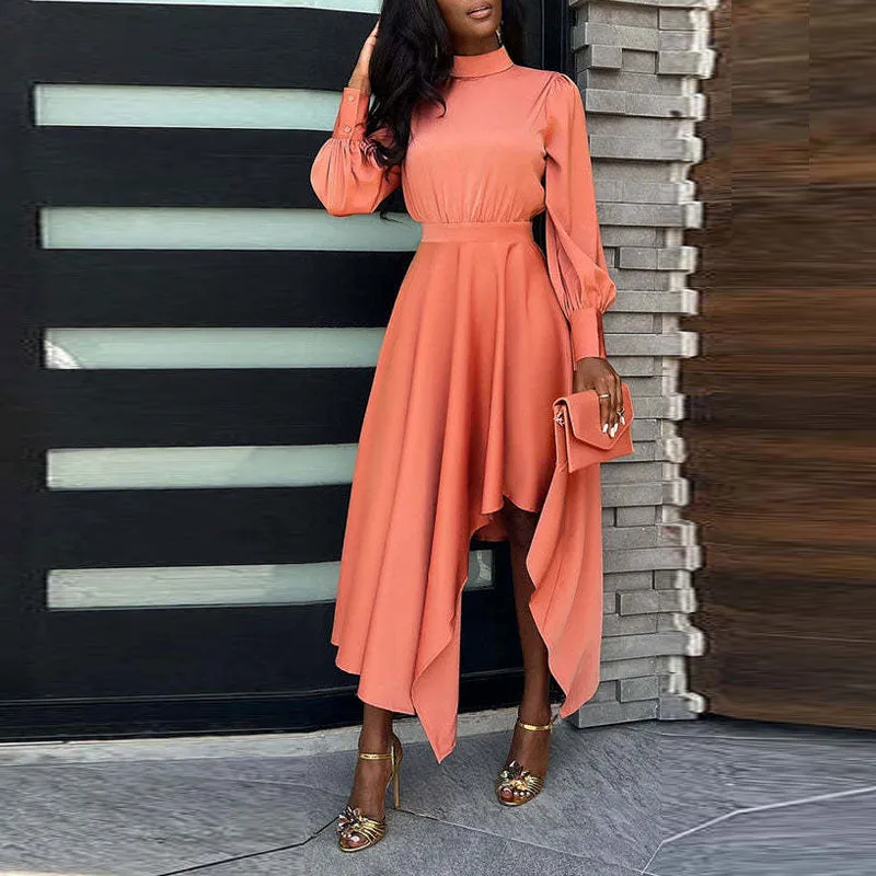 Solid High Neck Long Sleeve Irregular Dress