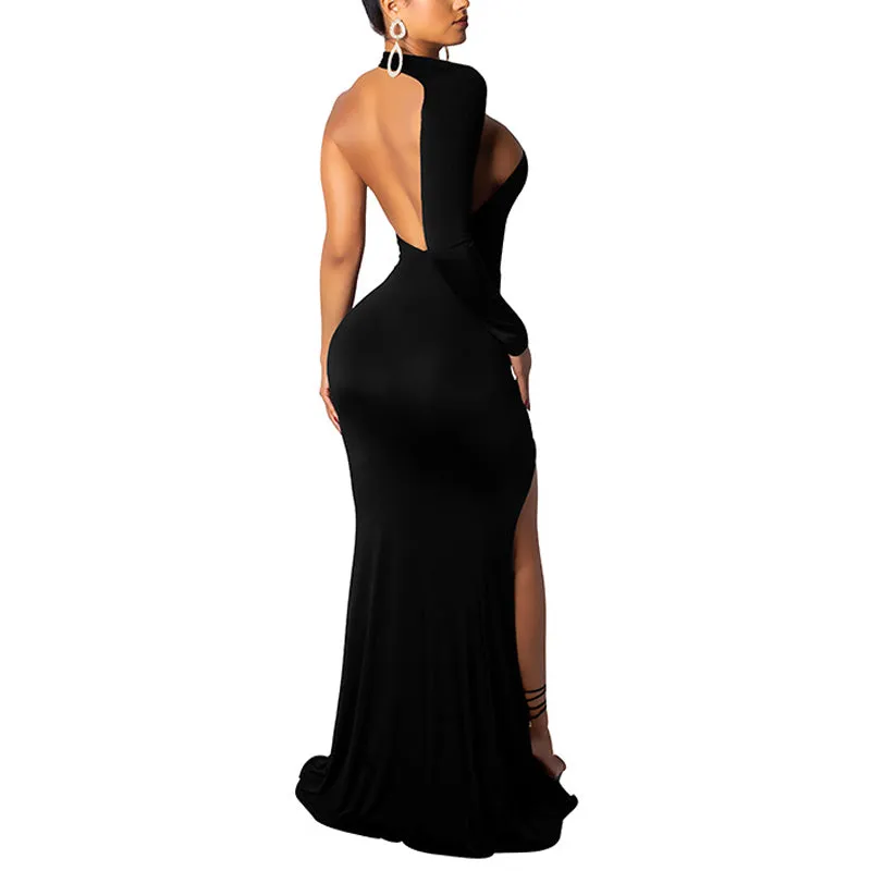 Solid One Shoulder Backless High Split Maxi Party Dress