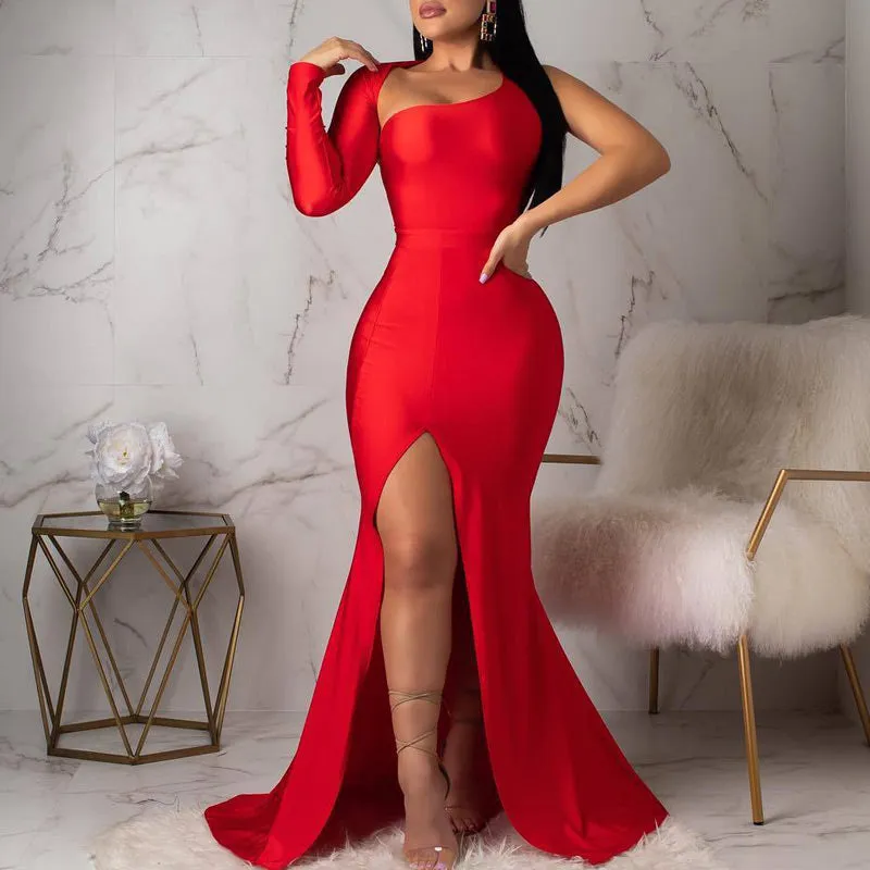 Solid One Shoulder Backless High Split Maxi Party Dress