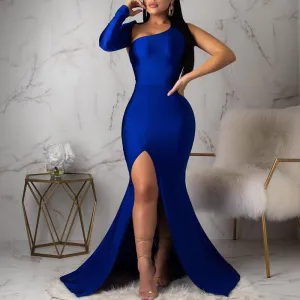 Solid One Shoulder Backless High Split Maxi Party Dress