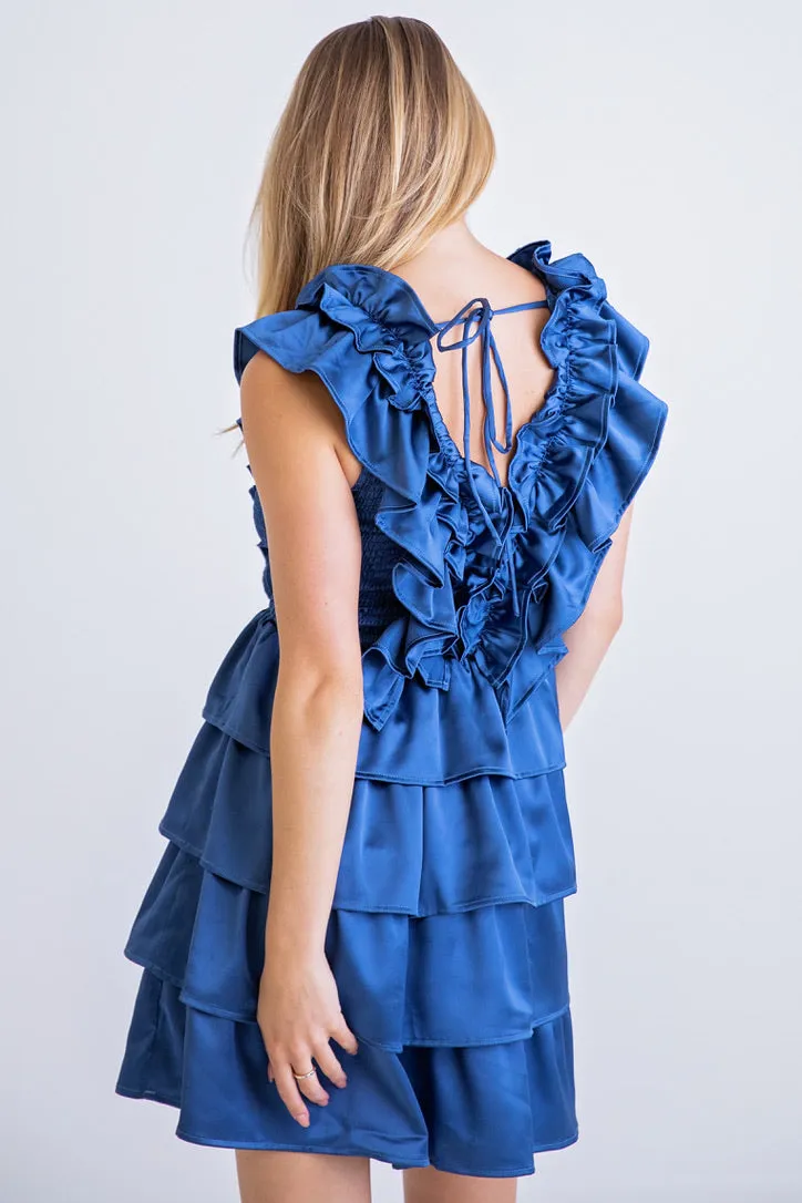 Solid Satin Ruffle Smock Vneck Dress