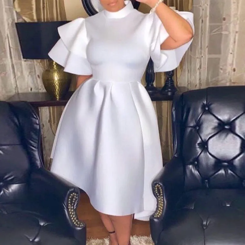 Solid Turtleneck Short Sleeve Ruffle Design Dress
