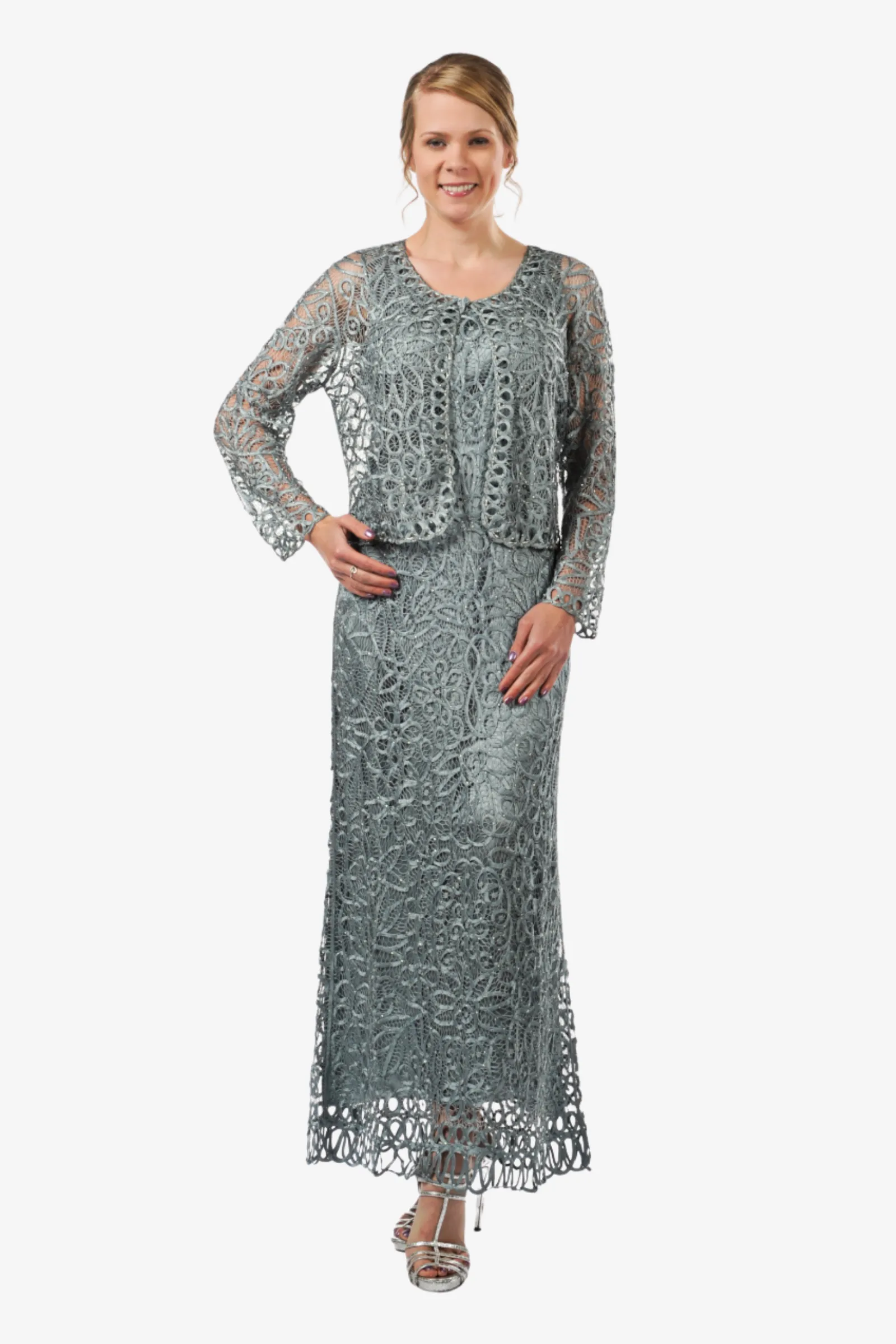 Soulmates C12016 Beaded Silk Lace 2-Piece Maxi Dress - Frost Blue