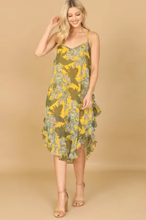 SPAGHETTI STRAP V-NECK CURVE RUFFLE HEM LEAFY DRESS