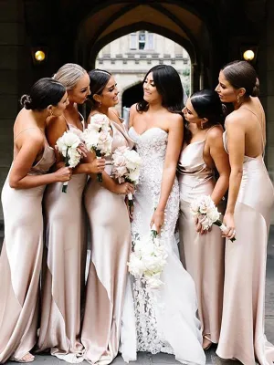 Spaghetti Straps Backless Mermaid Silk Elastic Satin Bridesmaid Dress, FC2249