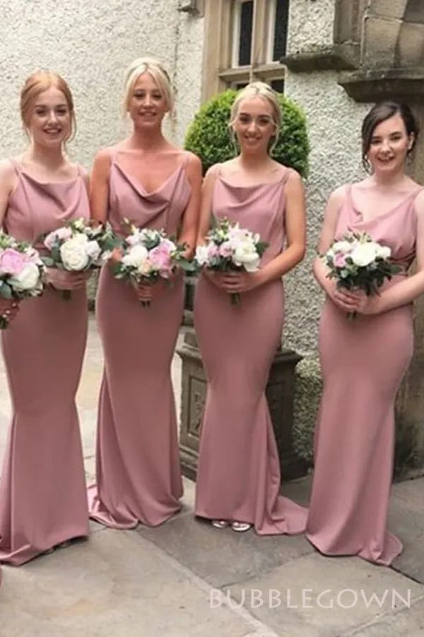 Spaghetti Straps Dusty Pink Satin Cowl Neck Long Mermaid Bridesmaid Dresses , BN1073
