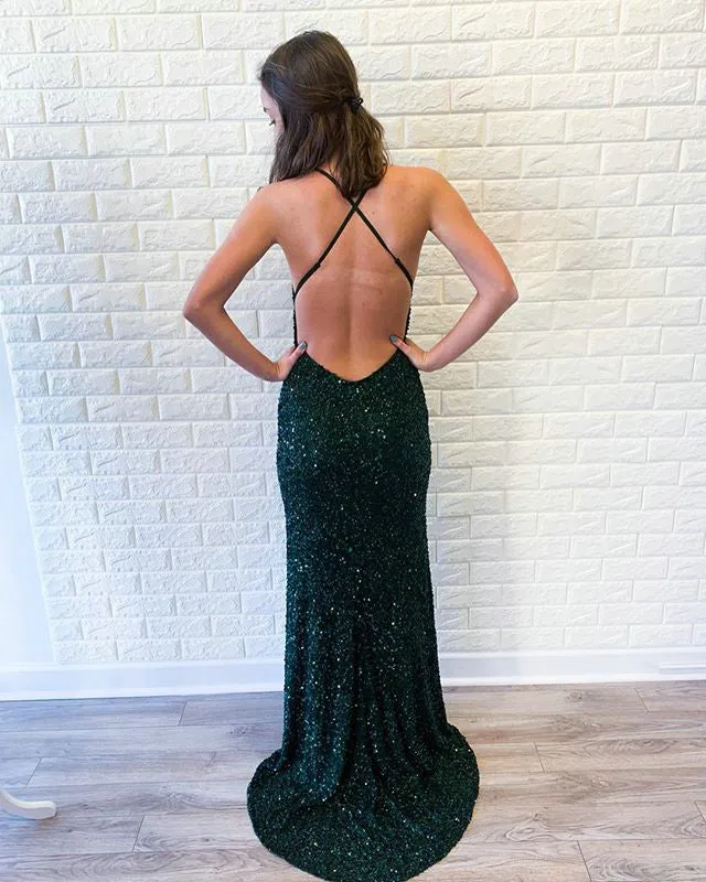 Sparkly Dark Green Sequins Sheath Prom Dresses V-Neck Long Prom Party Gowns 2019