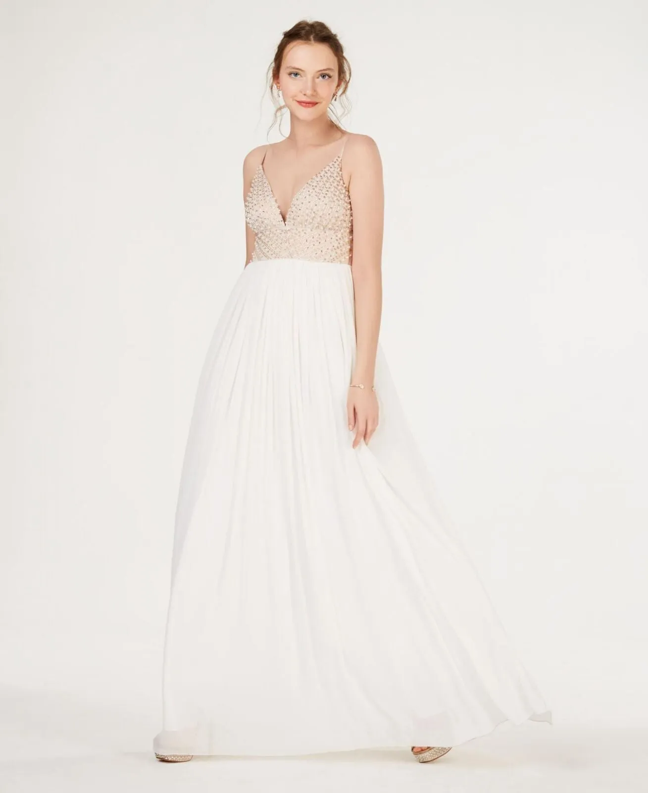 Speechless Say Yes to the Prom Embellished Tulle-Underlay Gown Dress White 1