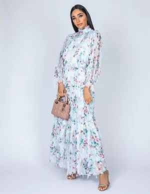 SS20 CANDICE BLUE CHIFFON FRILL & LACE DRESS
