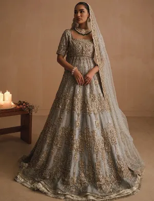 Steel Blue Double Gown Lehenga for Indian Bridal Wear