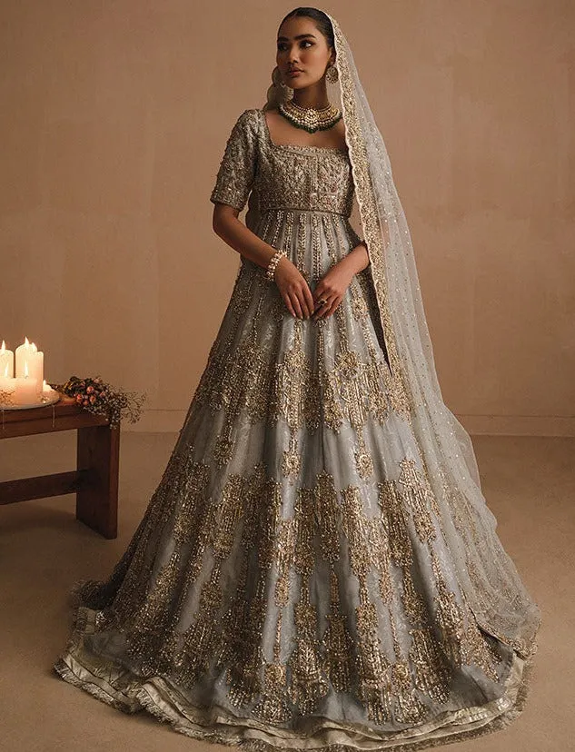 Steel Blue Double Gown Lehenga for Indian Bridal Wear