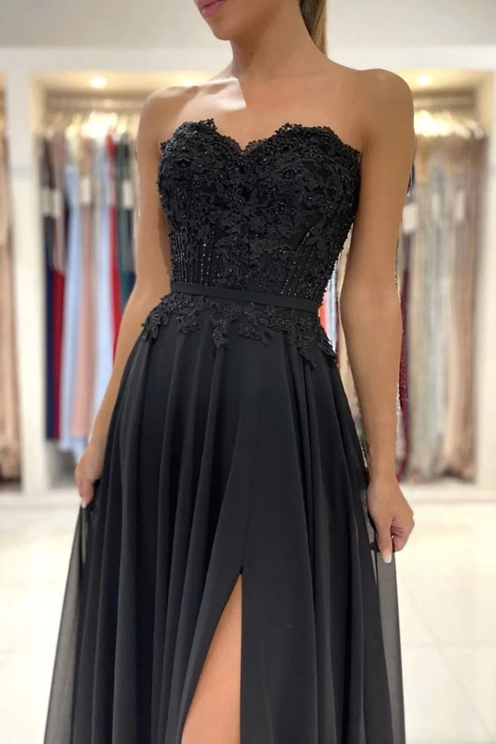 Strapless Black Lace Long Prom Dress with High Slit, Black Lace Formal Graduation Evening Dress A1356