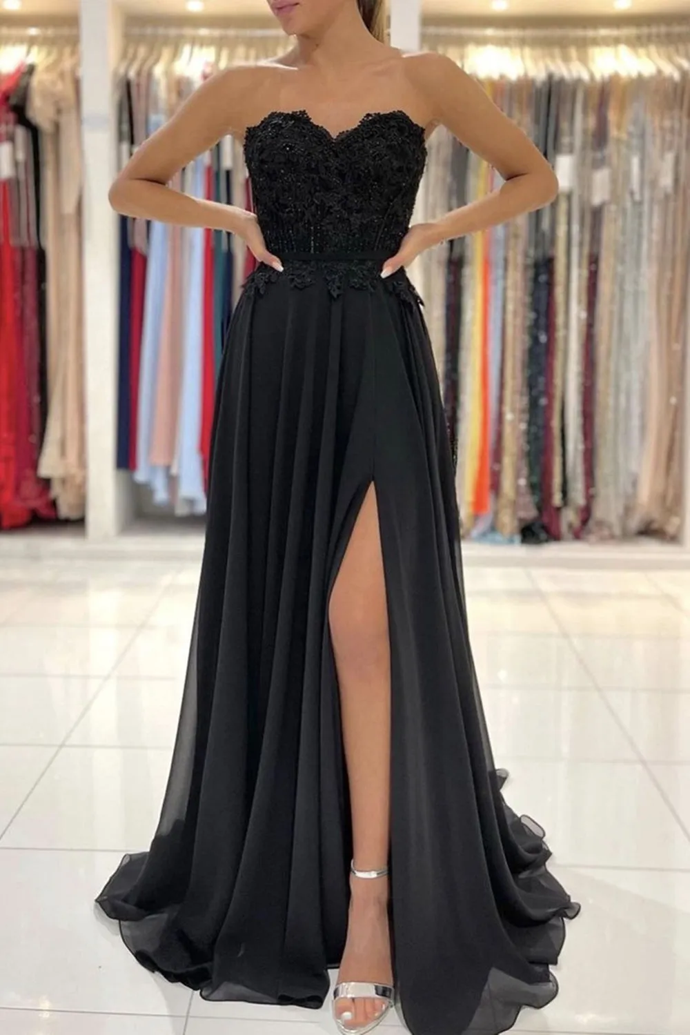 Strapless Black Lace Long Prom Dress with High Slit, Black Lace Formal Graduation Evening Dress A1356