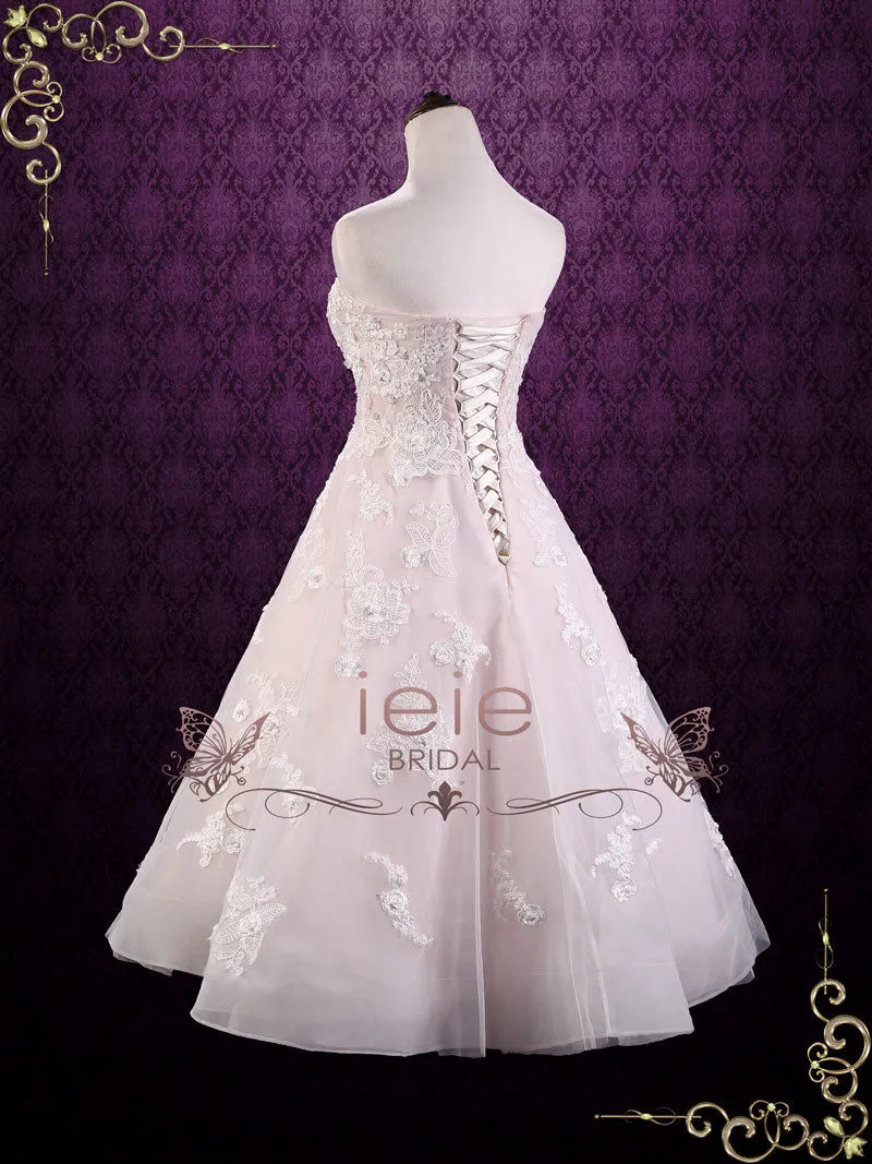 Strapless Tea Length Pink Lace Wedding Dress | KAYLEE