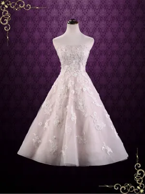 Strapless Tea Length Pink Lace Wedding Dress | KAYLEE