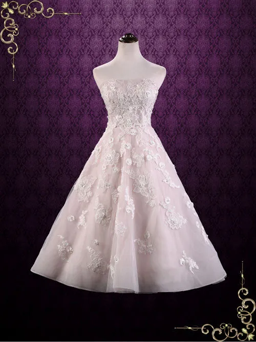Strapless Tea Length Pink Lace Wedding Dress | KAYLEE