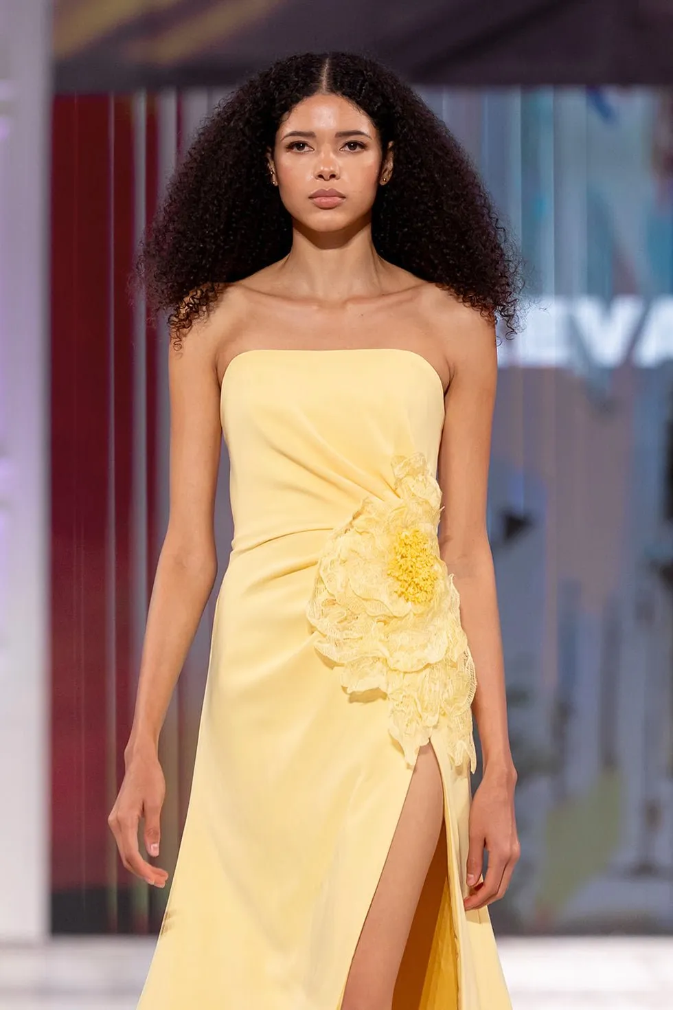 Straw Crepe Bustier Gown with Lace Floral Applique