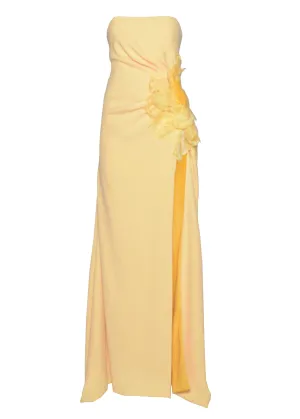Straw Crepe Bustier Gown with Lace Floral Applique