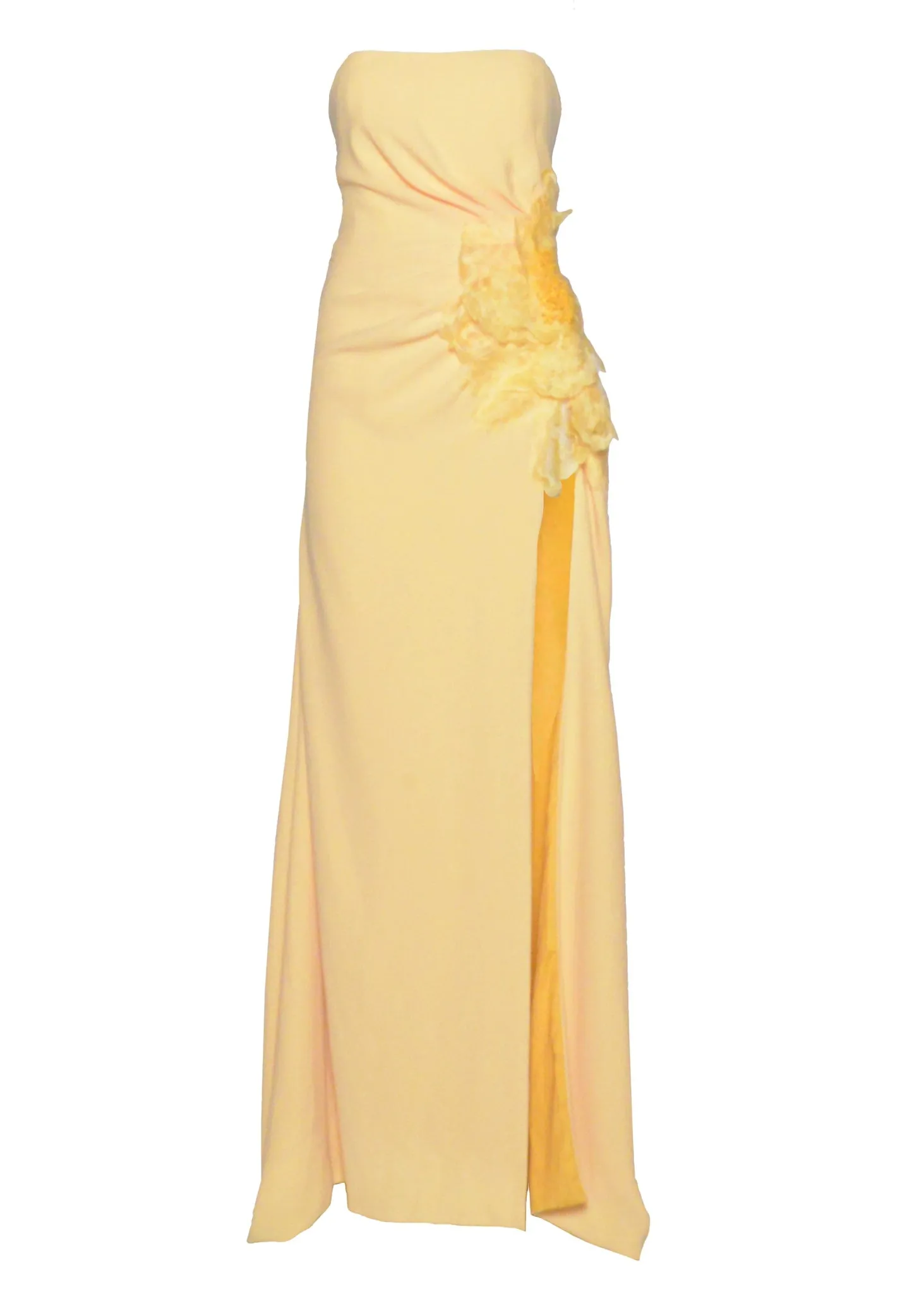 Straw Crepe Bustier Gown with Lace Floral Applique