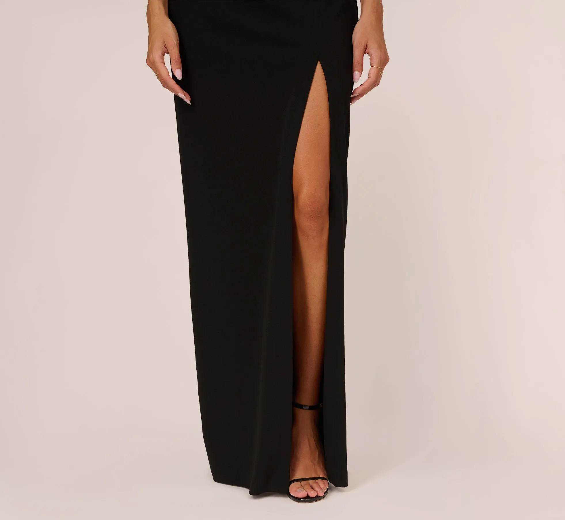 Stretch Crepe Off The Shoulder Gown With Sequin Bows In Black