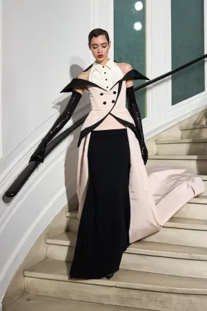 Structured Shoulder Halter Tuxedo Column Gown with Overskirt