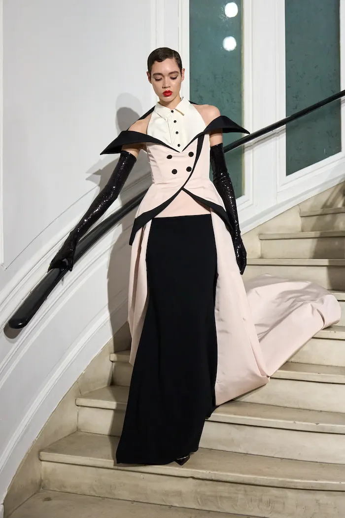 Structured Shoulder Halter Tuxedo Column Gown with Overskirt