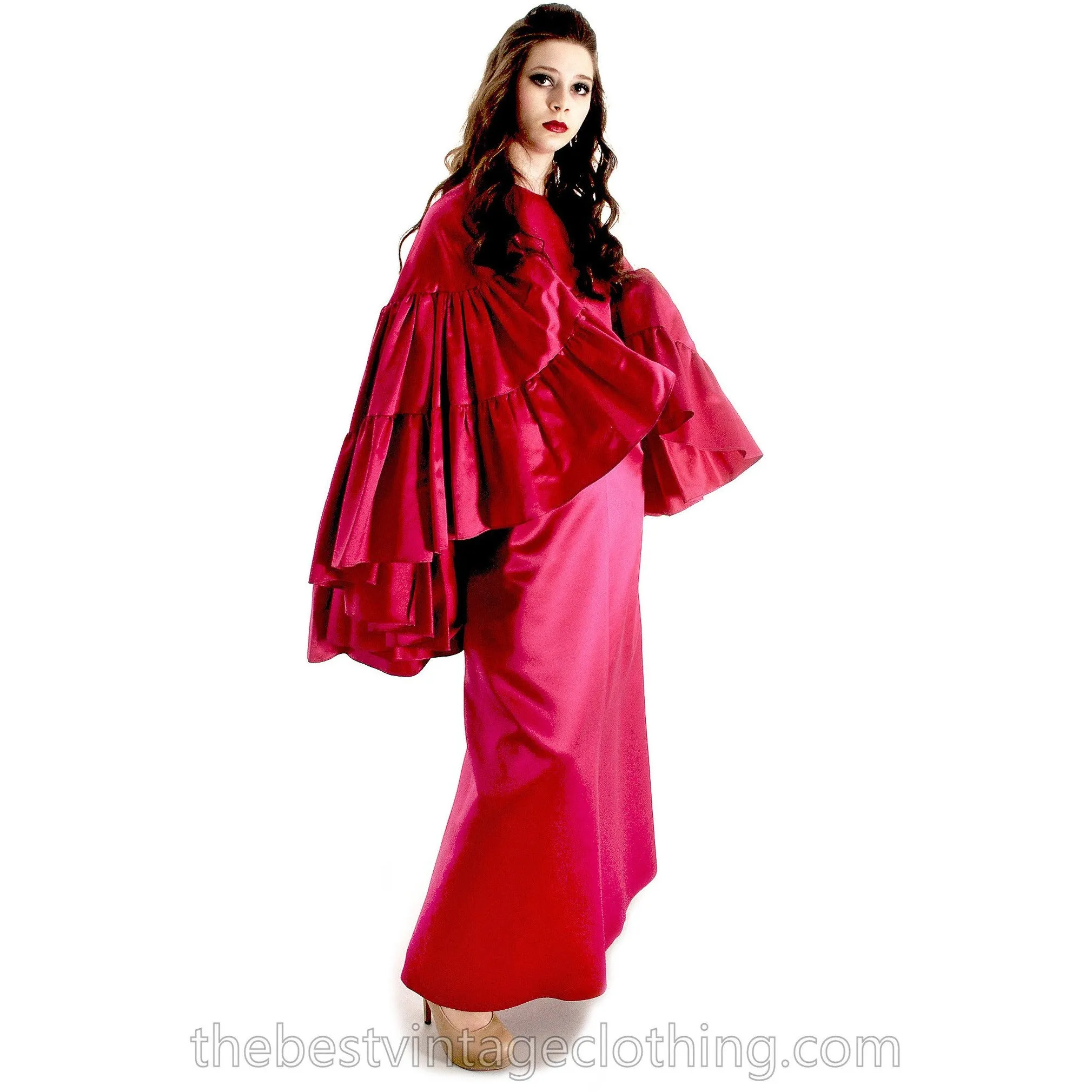 Stunning Vintage Vuokko Finish Designer Oscars Gown Tyrskyranta Fuchsia Pink Silk Creation  Cape Sleeves Red Carpet  S