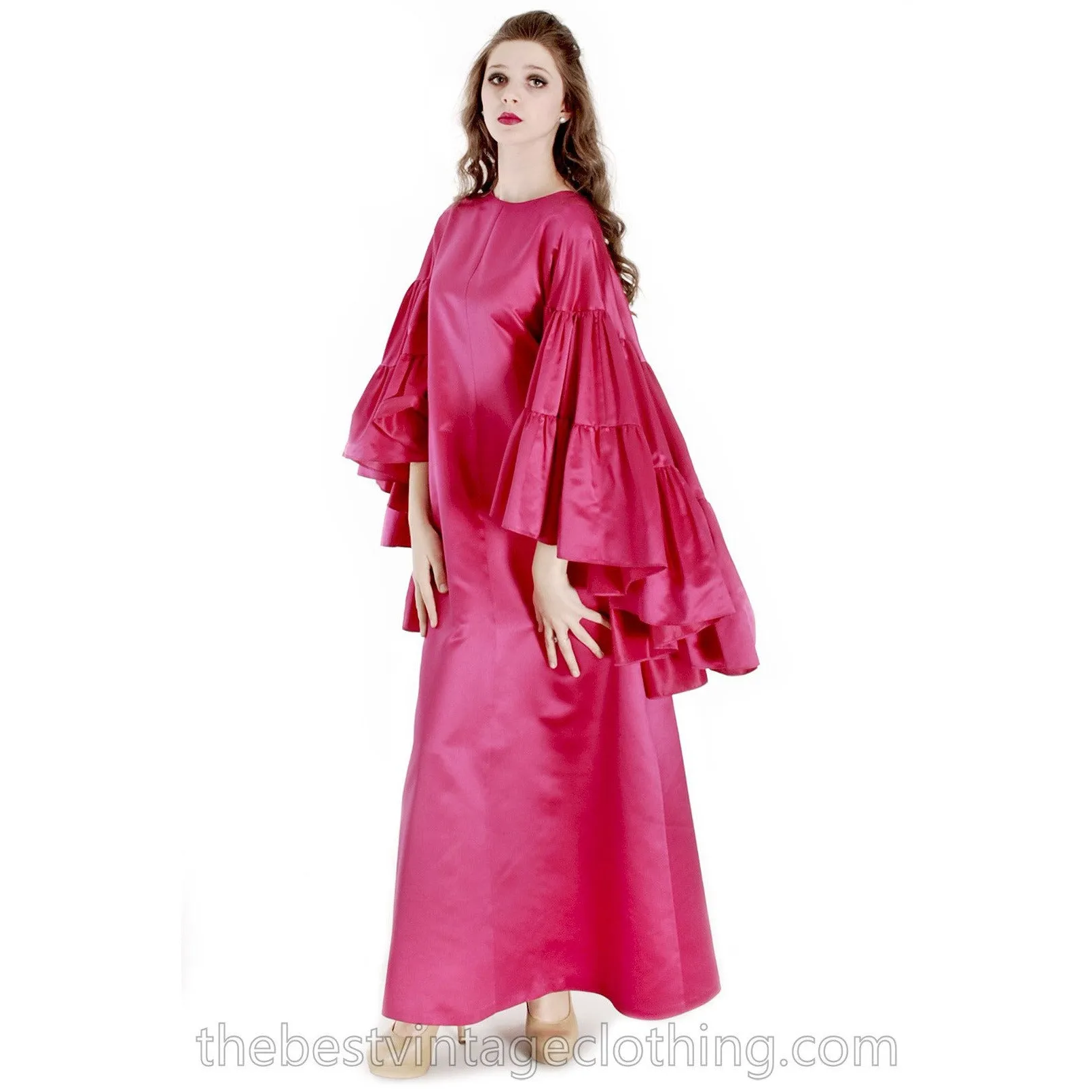 Stunning Vintage Vuokko Finish Designer Oscars Gown Tyrskyranta Fuchsia Pink Silk Creation  Cape Sleeves Red Carpet  S