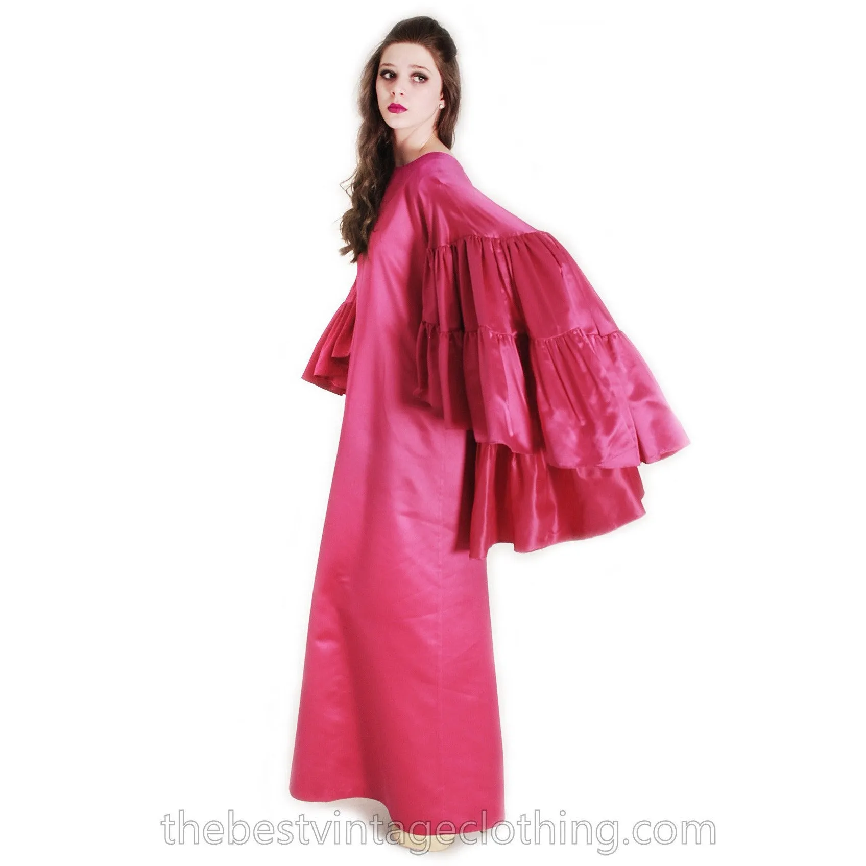 Stunning Vintage Vuokko Finish Designer Oscars Gown Tyrskyranta Fuchsia Pink Silk Creation  Cape Sleeves Red Carpet  S
