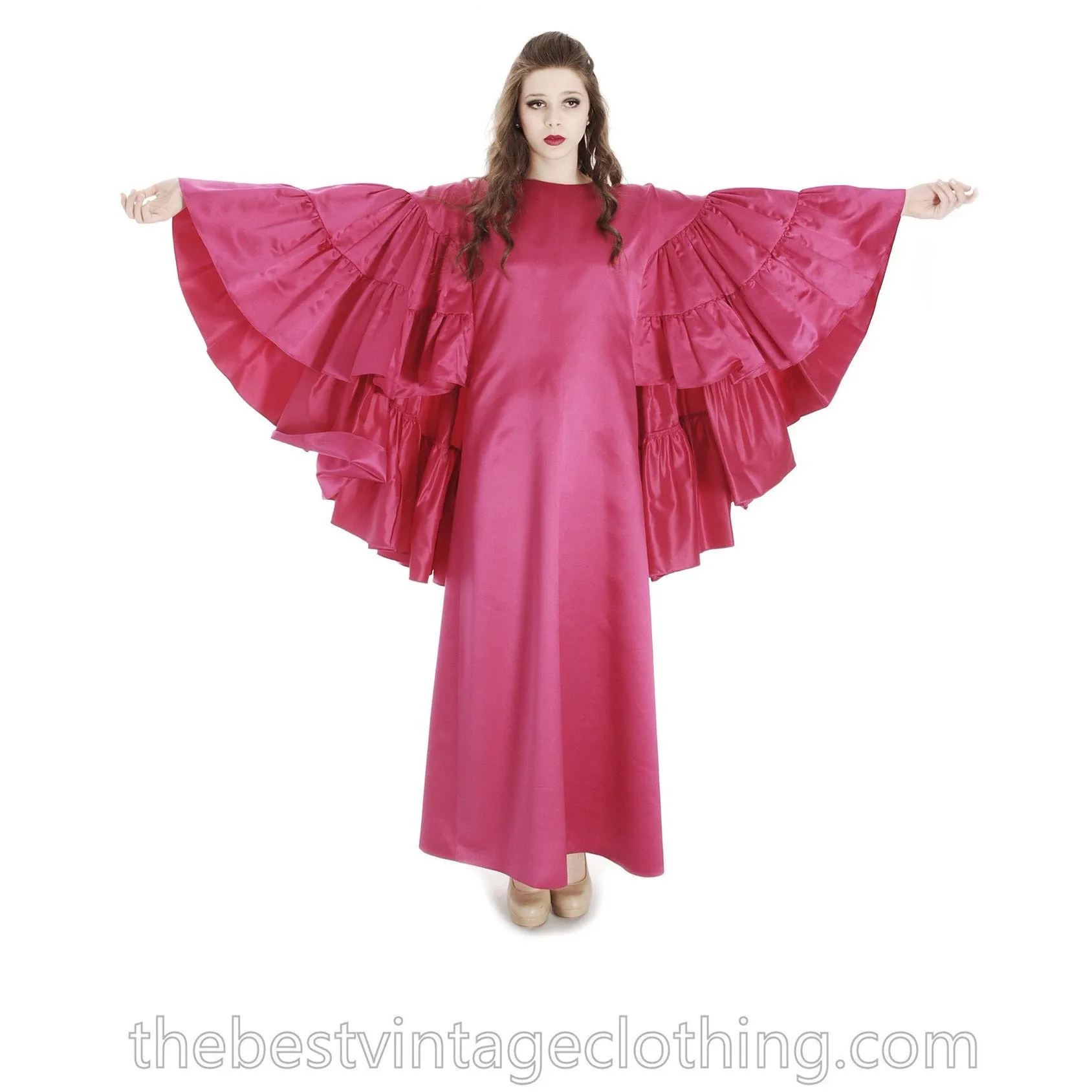 Stunning Vintage Vuokko Finish Designer Oscars Gown Tyrskyranta Fuchsia Pink Silk Creation  Cape Sleeves Red Carpet  S