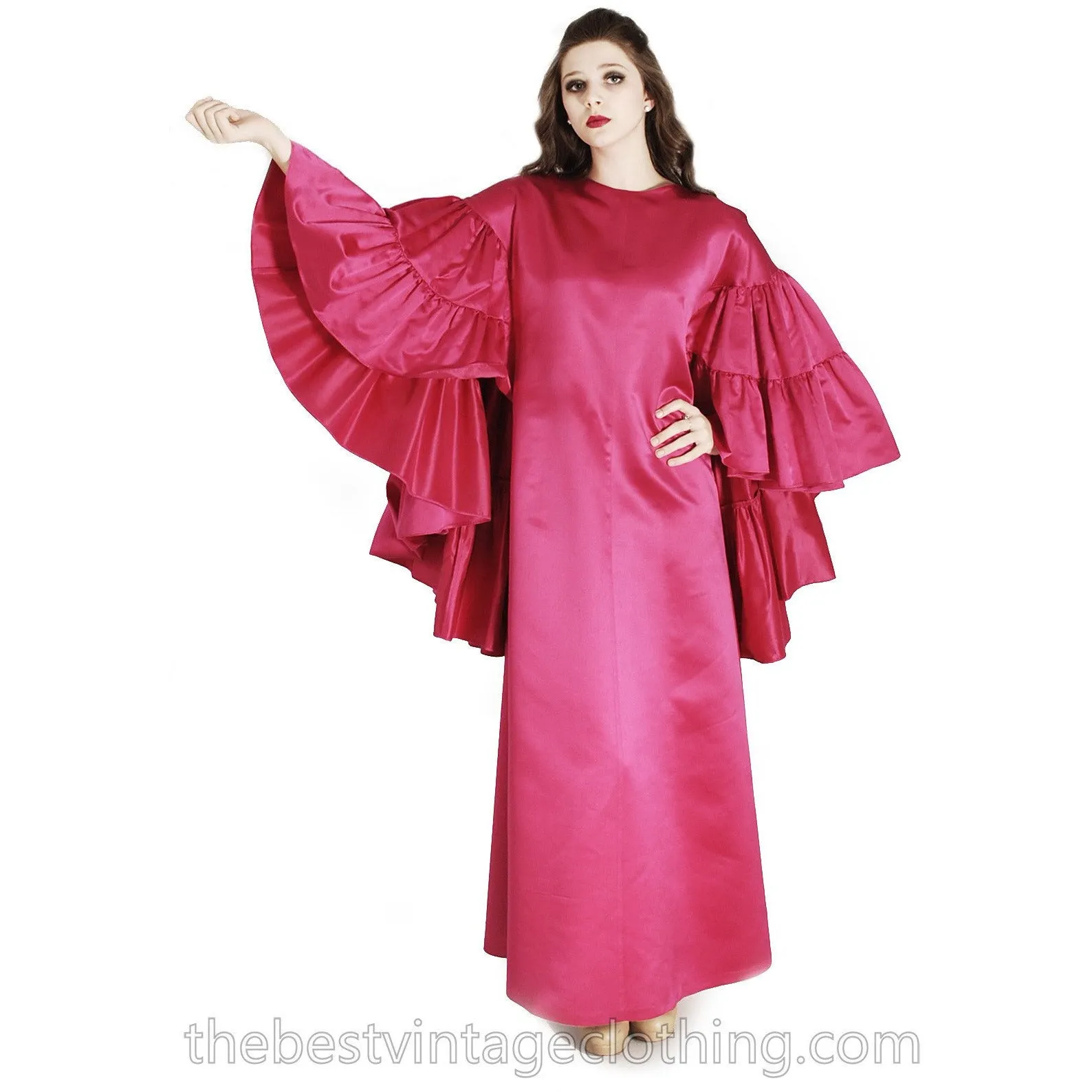 Stunning Vintage Vuokko Finish Designer Oscars Gown Tyrskyranta Fuchsia Pink Silk Creation  Cape Sleeves Red Carpet  S
