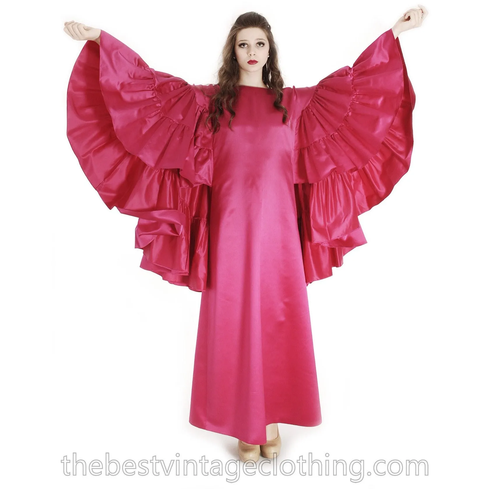 Stunning Vintage Vuokko Finish Designer Oscars Gown Tyrskyranta Fuchsia Pink Silk Creation  Cape Sleeves Red Carpet  S