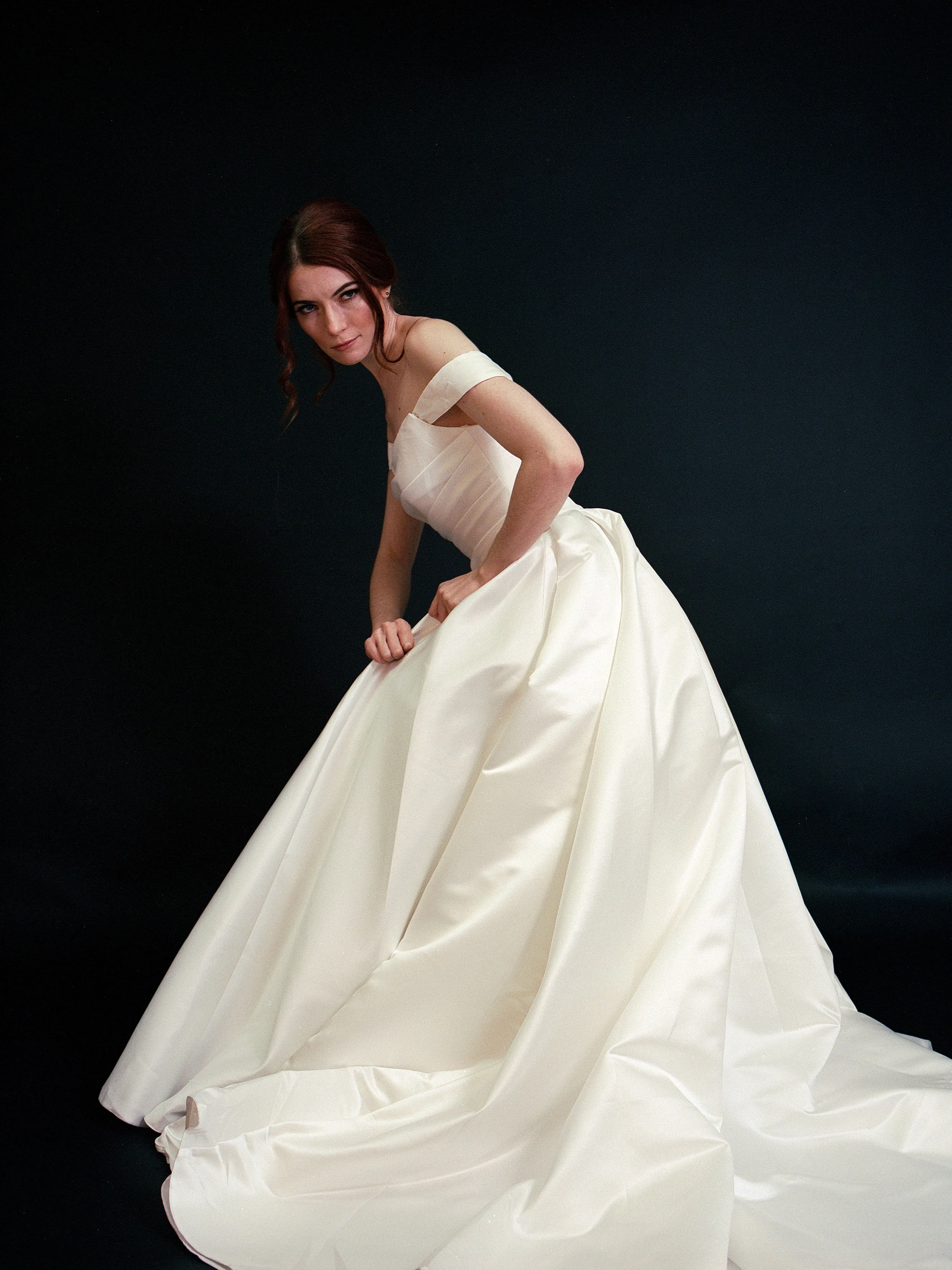 Style D2406 - Lux Satin off-the-shoulder Pleated Bodice Elegant A-line gown
