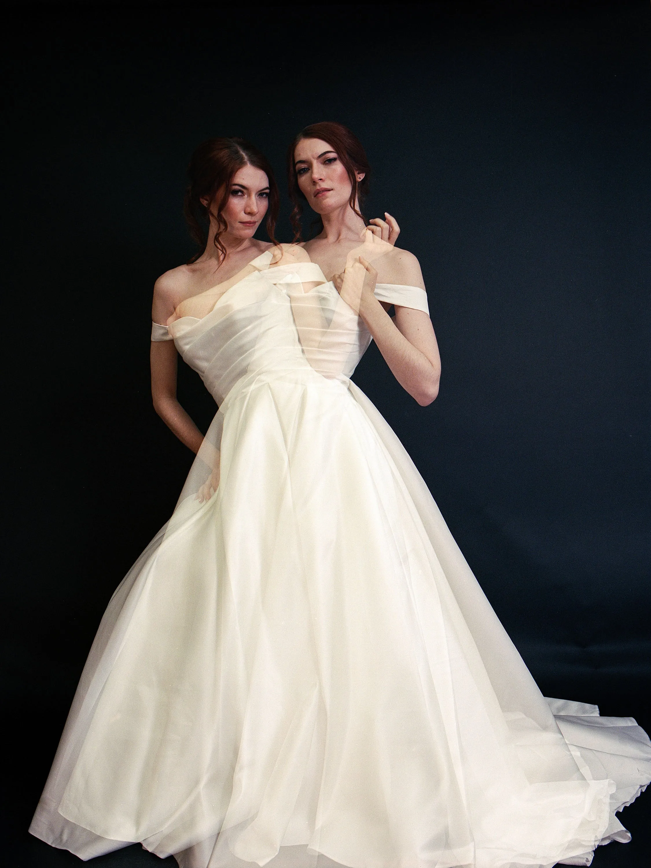 Style D2406 - Lux Satin off-the-shoulder Pleated Bodice Elegant A-line gown