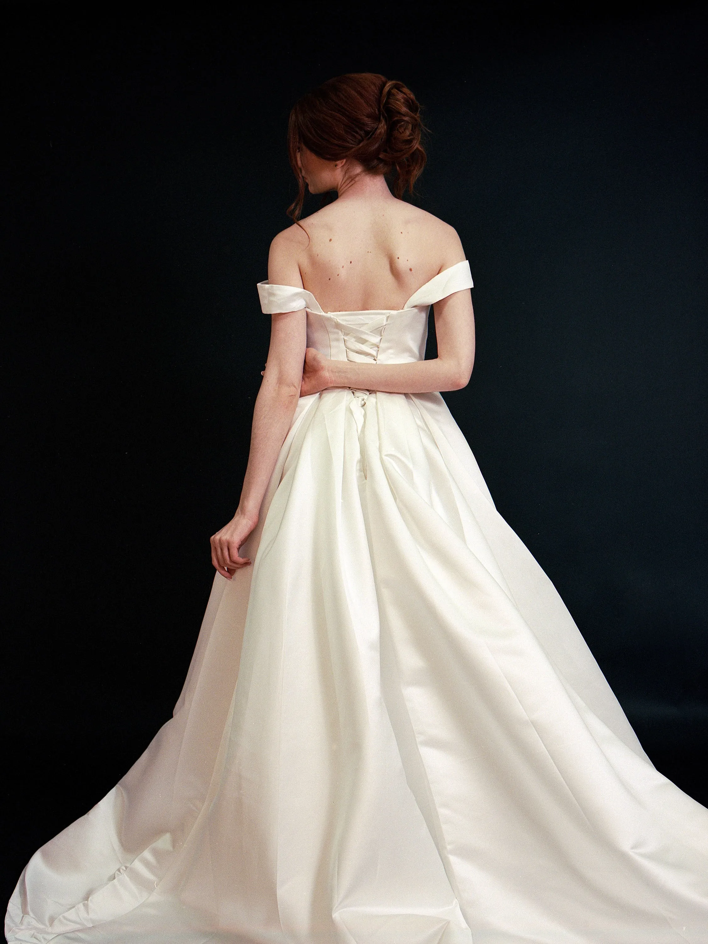 Style D2406 - Lux Satin off-the-shoulder Pleated Bodice Elegant A-line gown