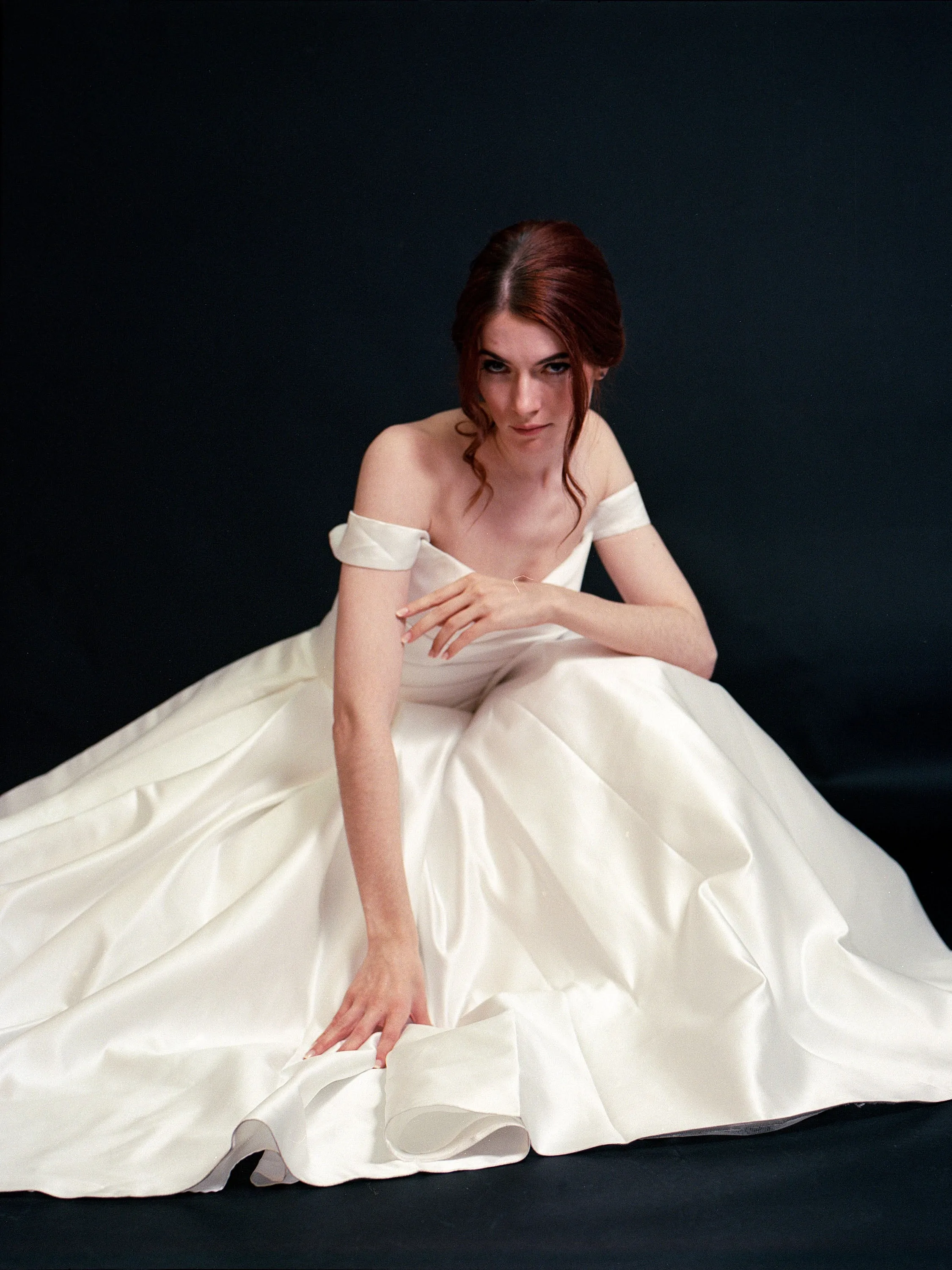 Style D2406 - Lux Satin off-the-shoulder Pleated Bodice Elegant A-line gown