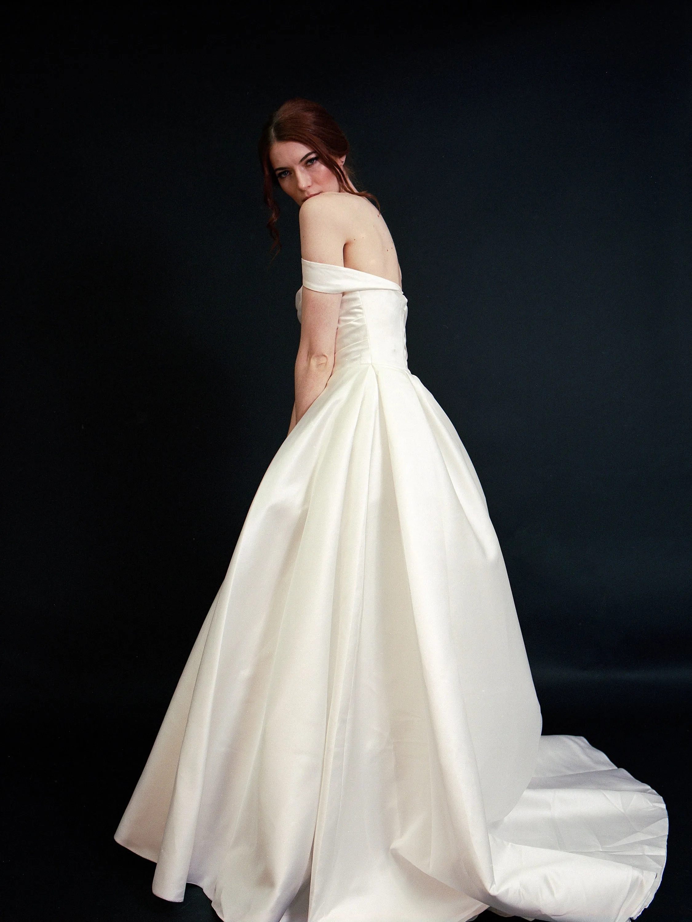 Style D2406 - Lux Satin off-the-shoulder Pleated Bodice Elegant A-line gown