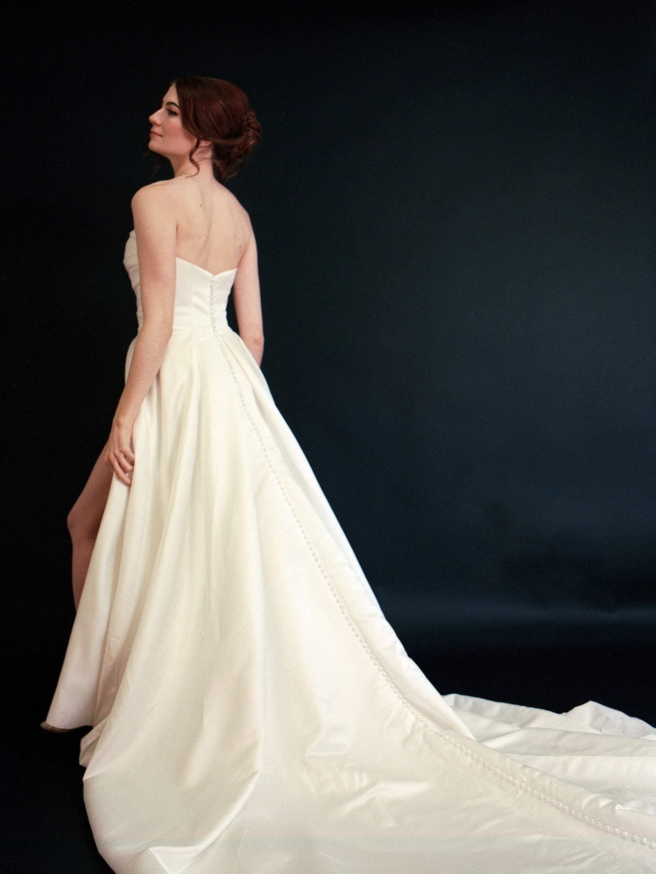 Style D2413 - Lux Satin Strapless Pleated Bodice Thigh Slit Elegant A-line gown