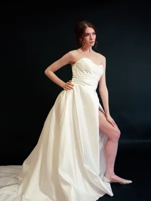 Style D2413 - Lux Satin Strapless Pleated Bodice Thigh Slit Elegant A-line gown