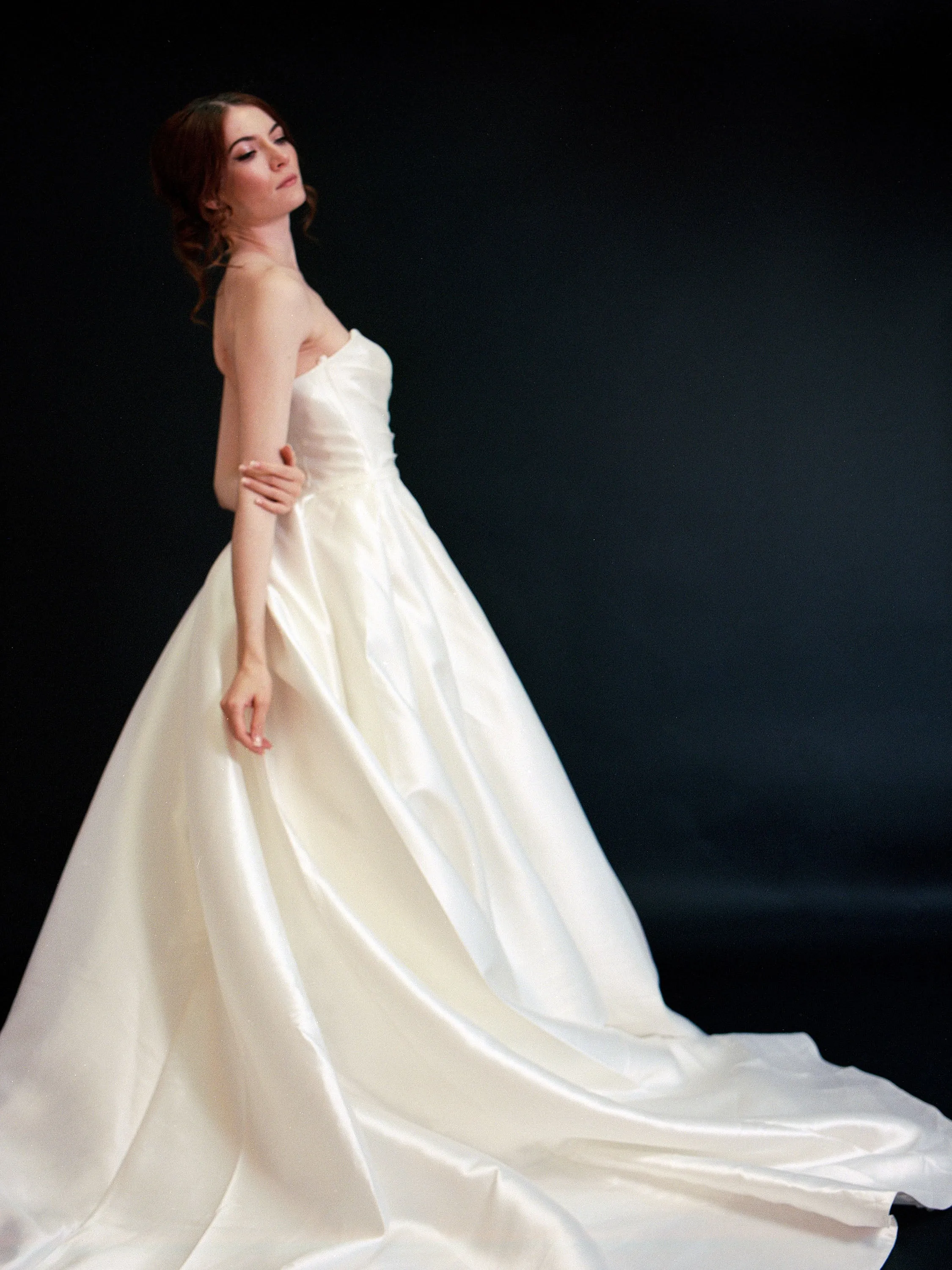 Style D2413 - Lux Satin Strapless Pleated Bodice Thigh Slit Elegant A-line gown