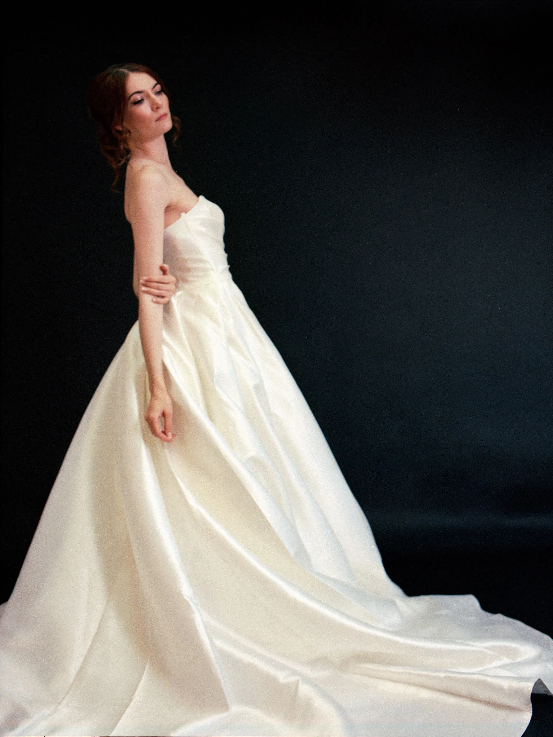 Style D2413 - Lux Satin Strapless Pleated Bodice Thigh Slit Elegant A-line gown