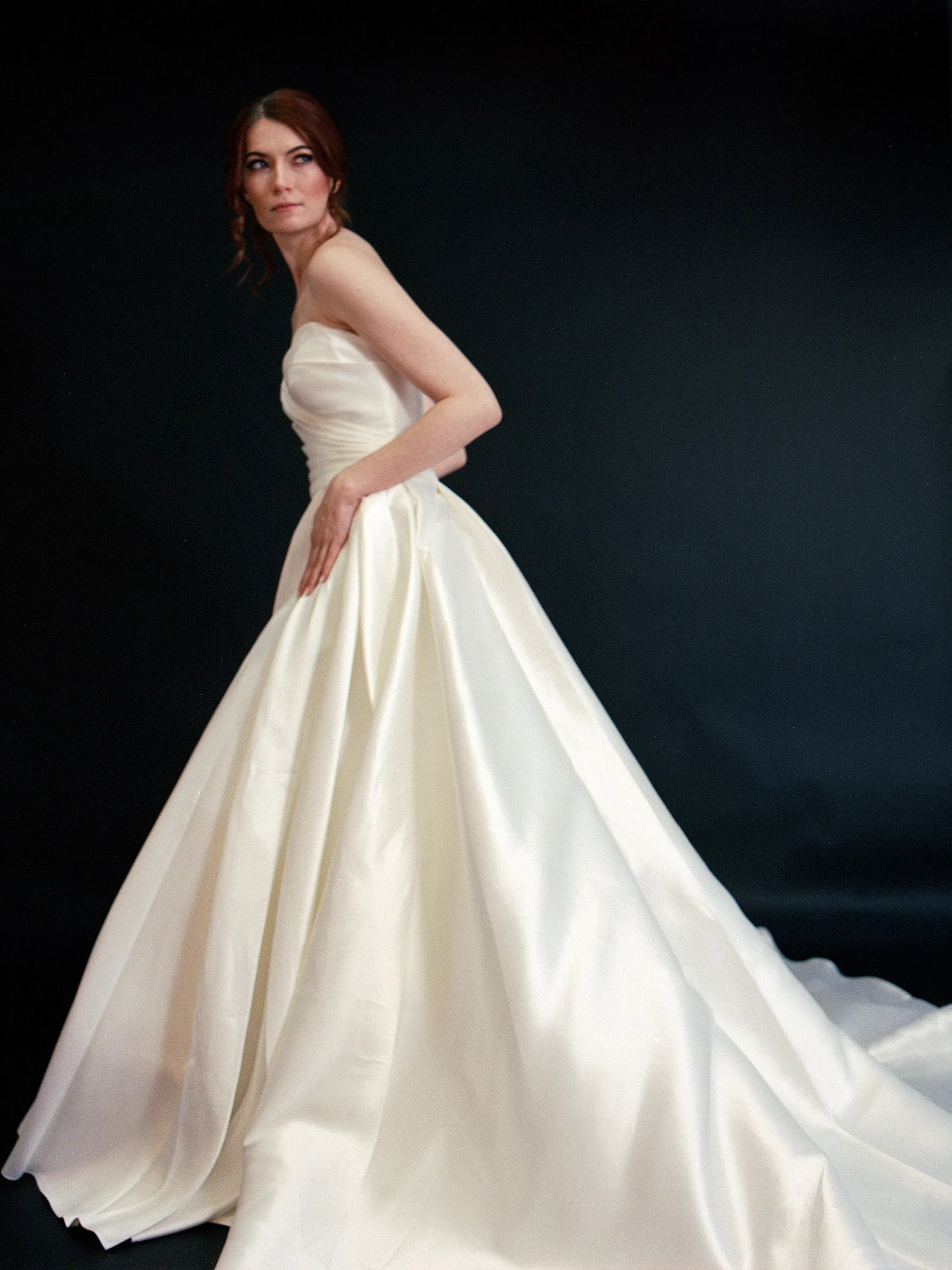 Style D2413 - Lux Satin Strapless Pleated Bodice Thigh Slit Elegant A-line gown